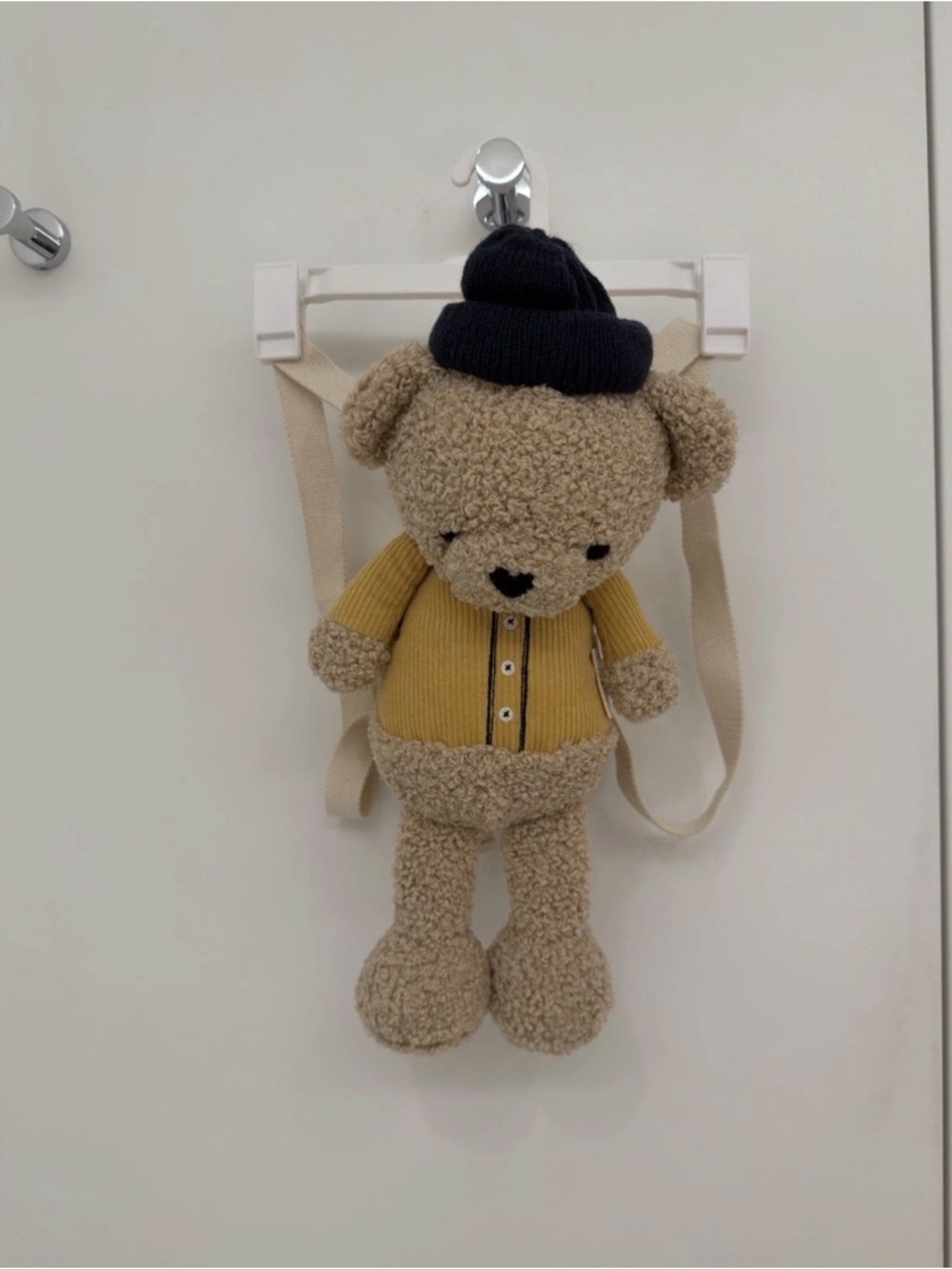 Vintage Zara Beige Teddy Backpack with Mustard Sweater and Navy Beanie